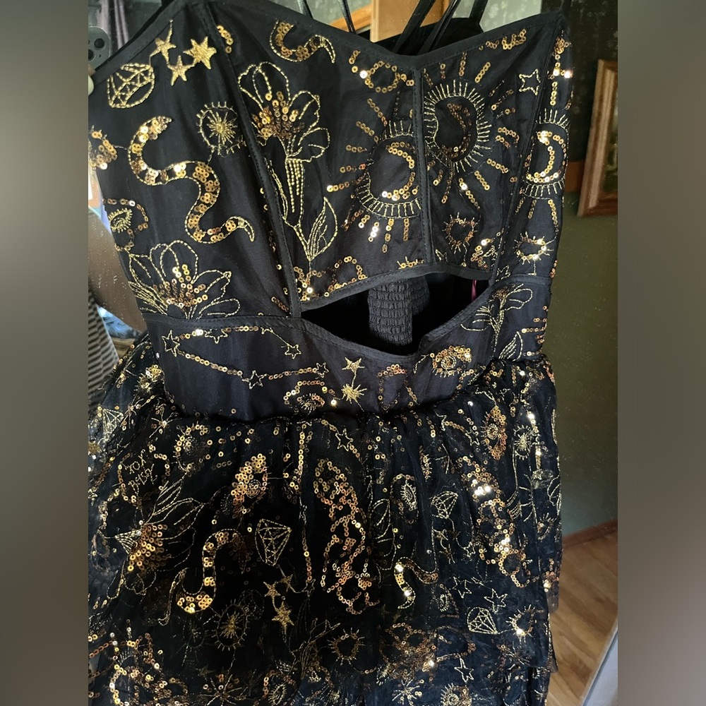 Betsey Johnson Black and Gold Celestial Tiered Midi Dress - Picture 3 of 4